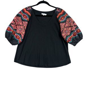 Thml Embroidered Puff Sleeve Floral Mixed Media Blouse Sz M